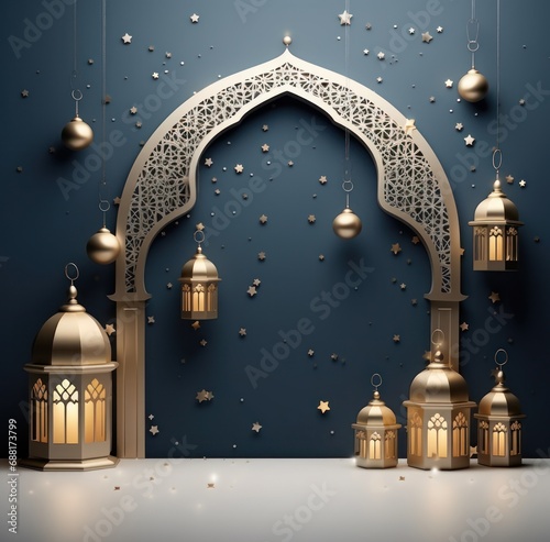 the muslim islamic festival of eid alifar with golden lanterns and decoration...
