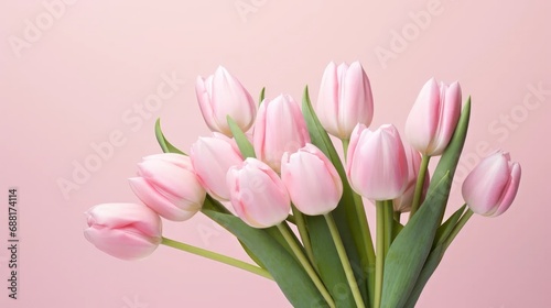 stunning springtime composition with a light pink tulip bouquet, capturing the essence of elegance and the beauty of nature. Perfect for greeting cards and seasonal celebrations.