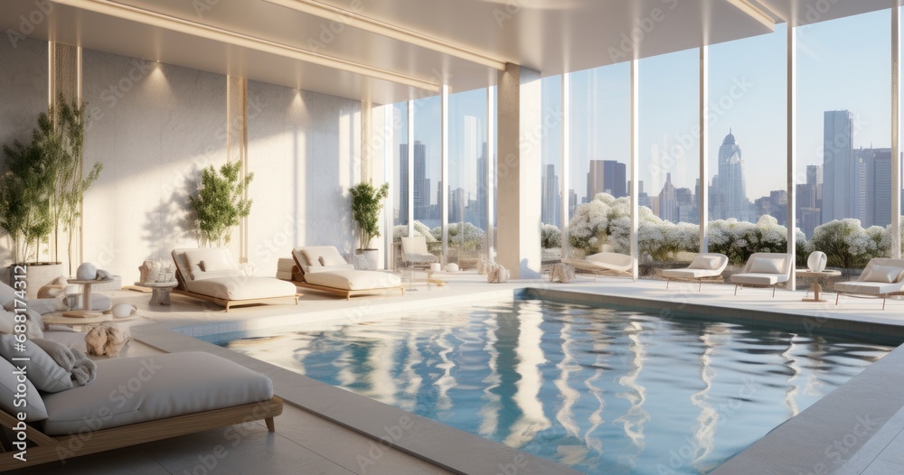 Fototapeta premium there is a pool in front of buildings in a room