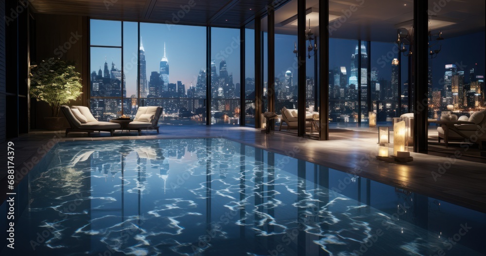 there is a pool in front of buildings in a room,