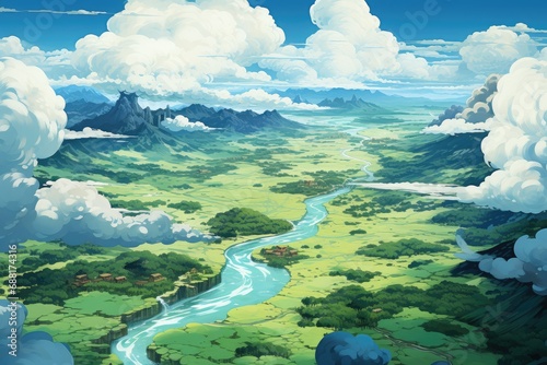 Aerial view of clouds over a valley with a river flowing over the hills