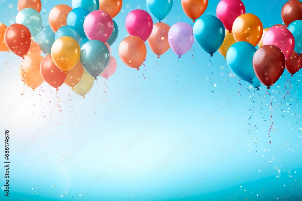 A bunch of colorful balloons and confetti on a pastel background. Copy space. Birthday and party concept. A bunch of colorful balloons and confetti on a pastel background. Copy space. Birthday and party concept.