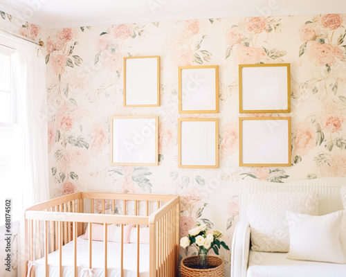 Nursery gallery wall, home decor and wall art, framed art in the English country cottage interior, room for diy printable artwork mockup and print shop