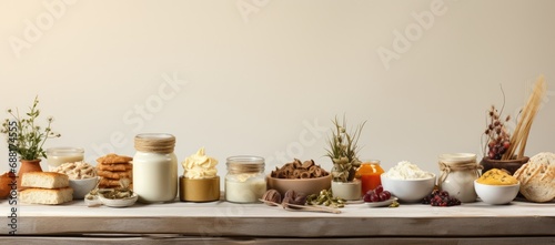 Row of food on wooden table