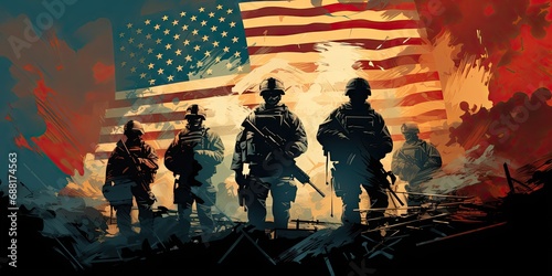 Silhouette of a group of soldiers with the american flag and guns. photo