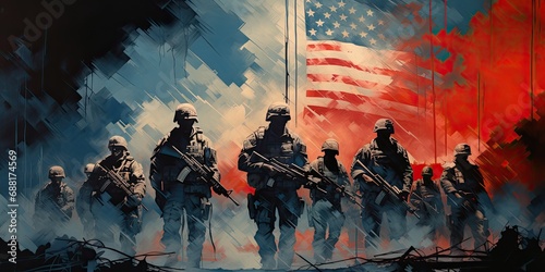 Silhouette of a group of soldiers with the american flag and guns. photo