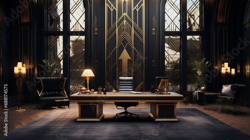 Luxurious Office Interior with Dark Wood and Gold Accents photo