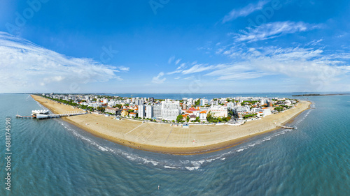 Lignano Sabbiadoro aerial panoramic view on the beach.