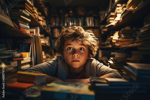 Young boy is looking over a book shelf in the library. 