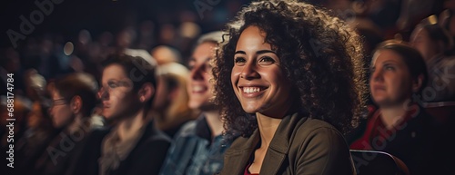 Young woman with curly black hair smiling at an audience