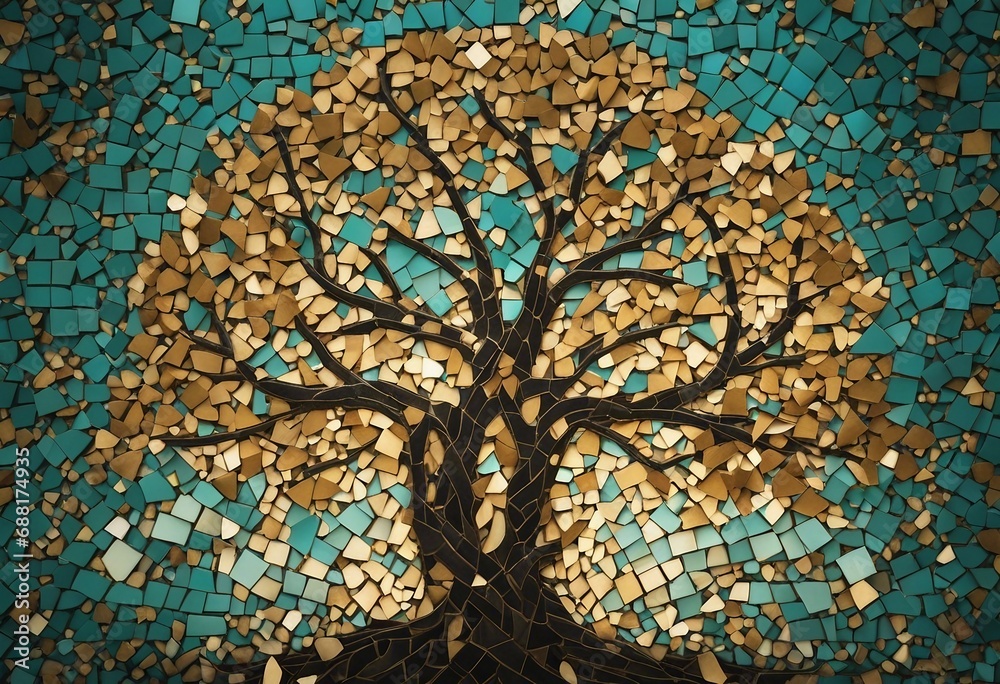 Colorful mosaic tree of life artwork Small golden and turquoise mosaic tiles pattern forming a Tree