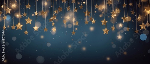 Banging ball and star ornaments on a blurry, defocused, bokeh dark blue background. Concept of celebration, Christmas, Xmas. Copy space for text photo