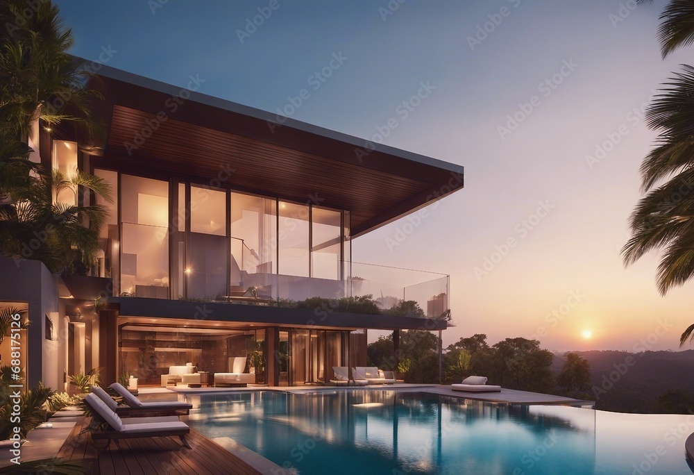 Luxury home with modern pool at sunrise contemporary villa architecture resort style hotel with bea Luxury home with modern pool at sunrise contemporary villa architecture resort style hotel with bea