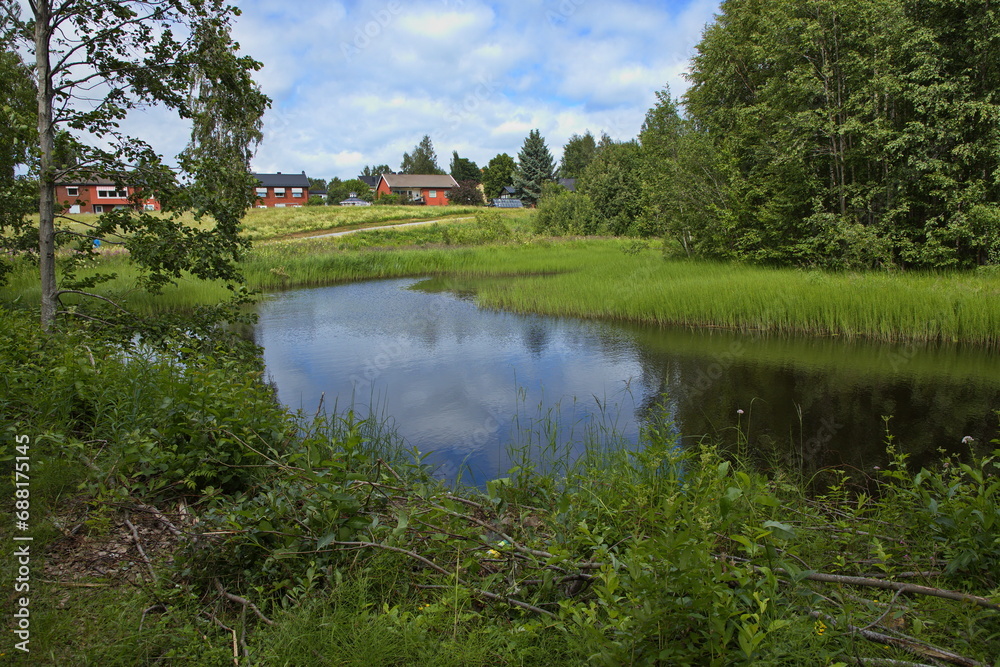 Landscape in public park at the river Skellefteälven in Skelleftea, Sweden, Europe

