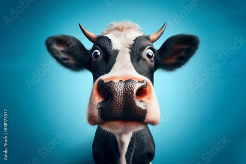 Portrait of a cow with a surprised face on a blue bright background. ai generative