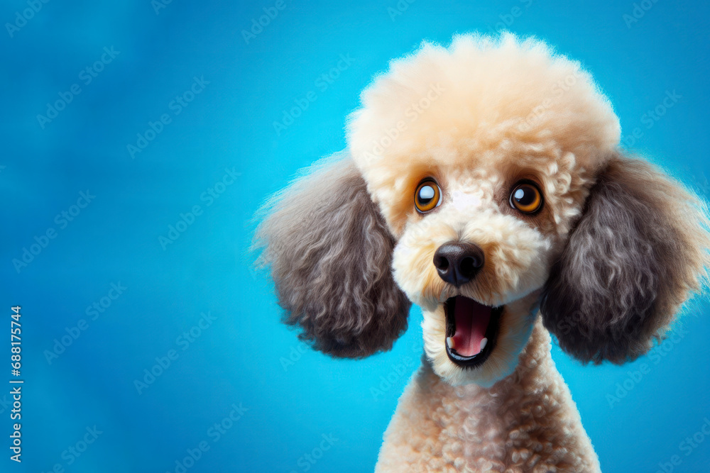 Portrait of a poodle dog with a surprised face on a blue bright background. ai generative Portrait of a poodle dog with a surprised face on a blue bright background. ai generative