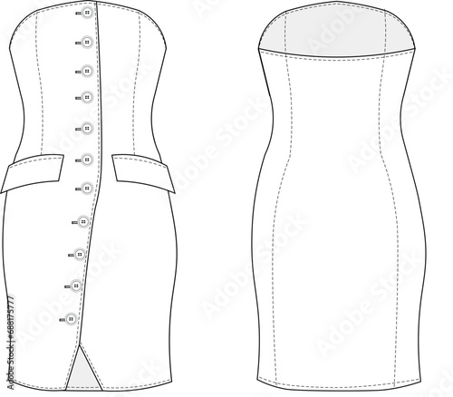 strapless sleeveless tailored short knee length bodycon dress template technical drawing flat sketch cad mockup fashion woman denim jean twill photo