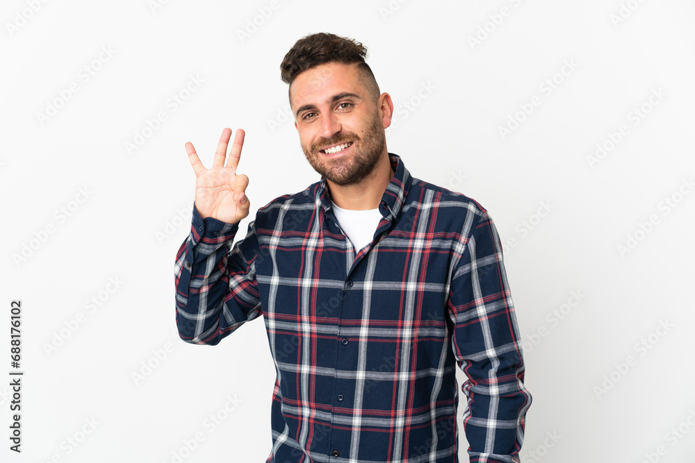 Caucasian man isolated on white background showing ok sign with fingers Caucasian man isolated on white background showing ok sign with fingers