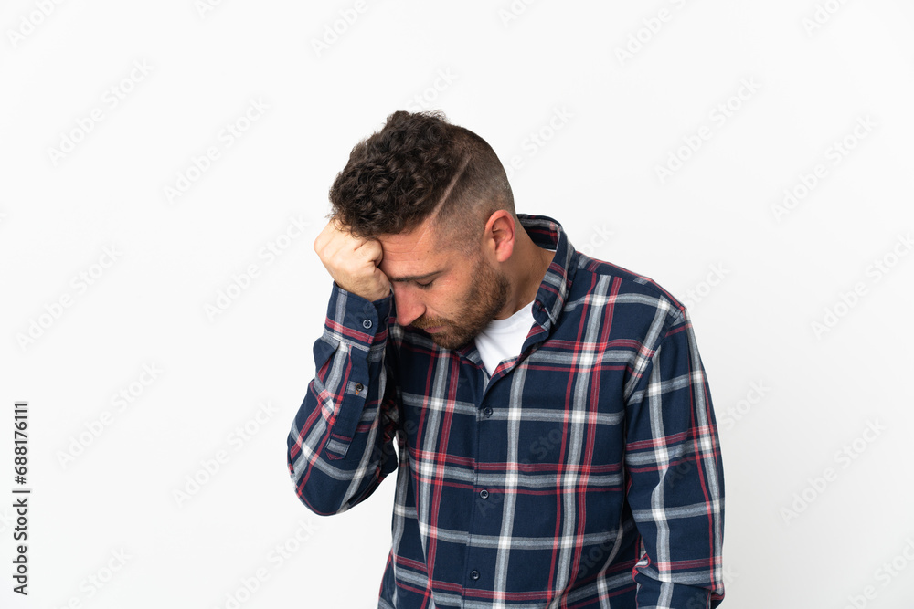 Caucasian man isolated on white background with headache