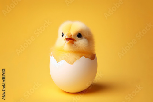 Studio portrait of a little chicken inside egg with a surprised face on a yellow bright background. ai generative