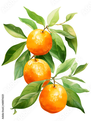 Watercolor illustration of oranges with green leaves isolated on white background	