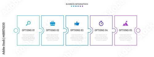Timeline infographic with infochart. Modern presentation template with 5 spets for business process. Website template on white background for concept modern design. Horizontal layout.