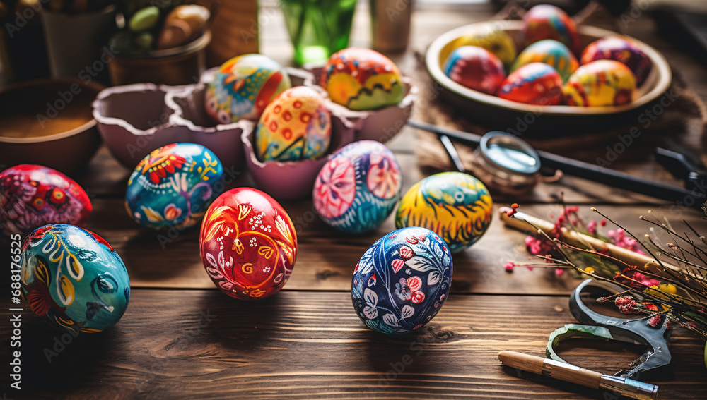 top image of Easter eggs with children's hands painting them.