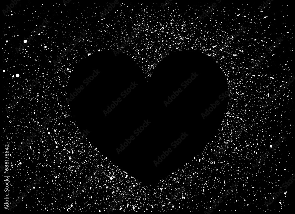 Black background with white dust powder and heart shape. Black background with white dust powder and heart shape.