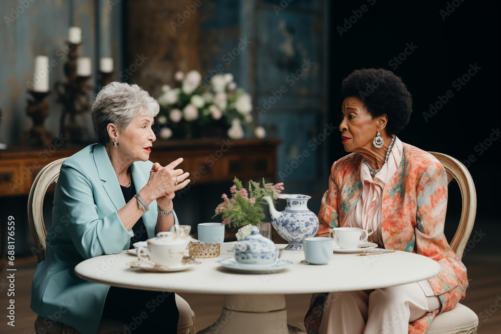 Two elegant senior women drinking tea