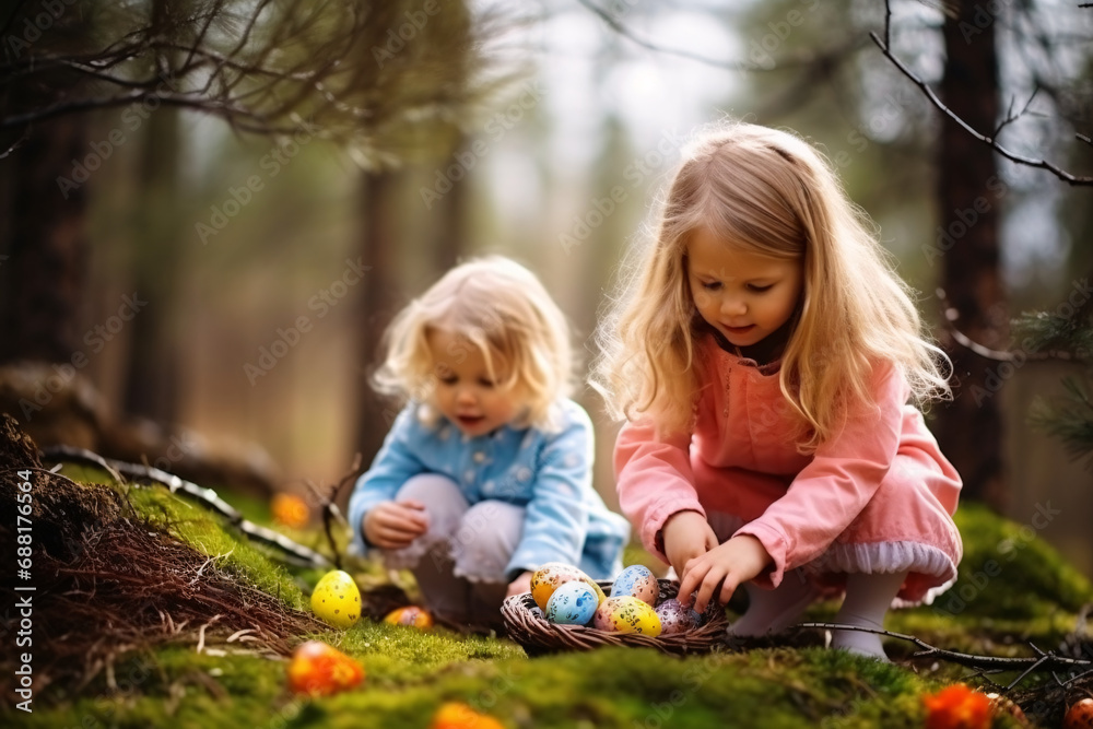 Two girls looking for Easter eggs in the green meadow. Easter tradition. Two girls looking for Easter eggs in the green meadow. Easter tradition.