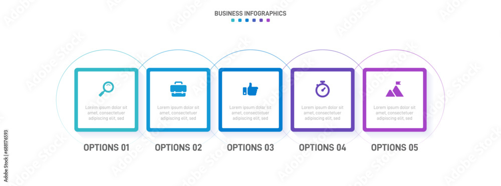 Timeline infographic with infochart. Modern presentation template with 5 spets for business process. Website template on white background for concept modern design. Horizontal layout.