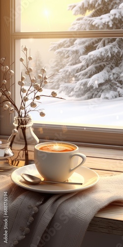 a steaming cup of hot coffee placed beside a soft and inviting plaid on the vintage windowsill of a quaint cottage, capturing the picturesque scene with a minimalist and modern composition.