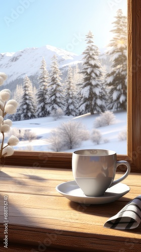 a steaming cup of hot coffee placed beside a soft and inviting plaid on the vintage windowsill of a quaint cottage, capturing the picturesque scene with a minimalist and modern composition.