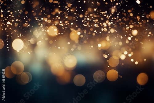 Festive abstract christmas texture, golden bokeh particles and highlights on dark background.