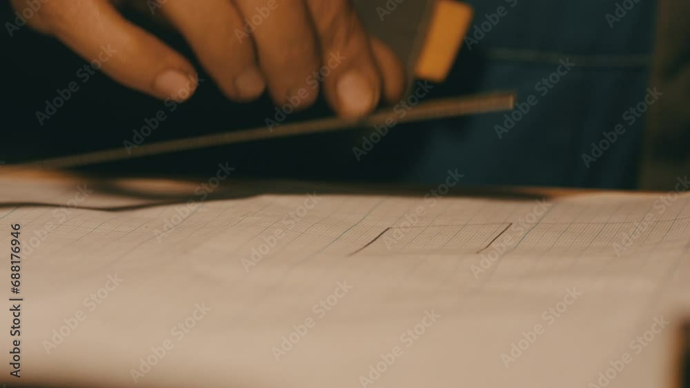 Hands of male engineer works with drawings lying sketch on steel table in dark workshop, using a pen. Drawing indoors on new product prototype. Close up, macro. Shot on RED Cinema Camera in 4K