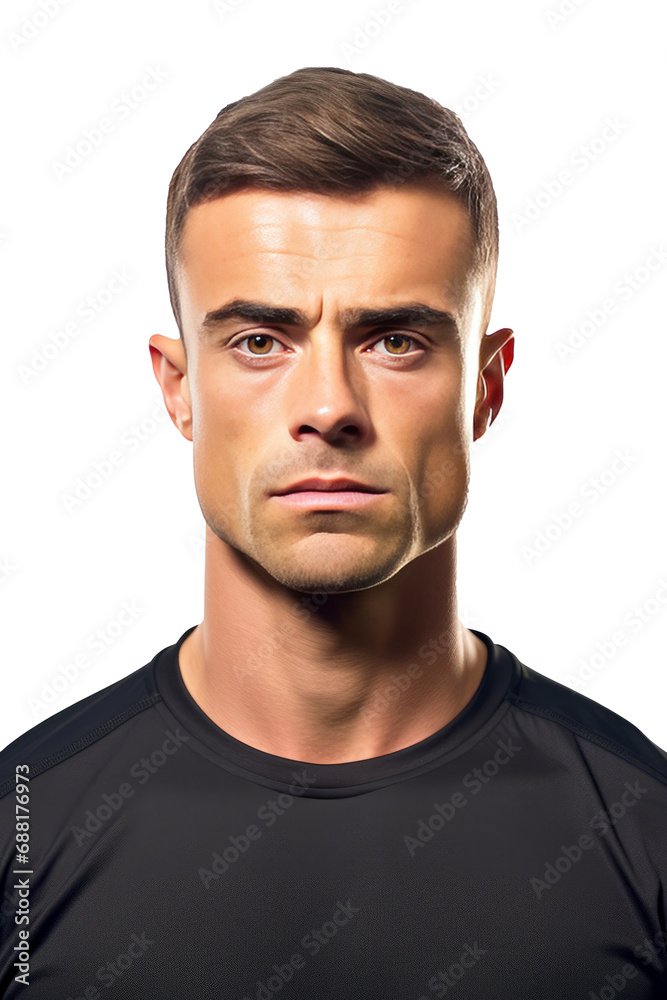 Fototapeta premium A male athlete soccer player intensely looking into the camera