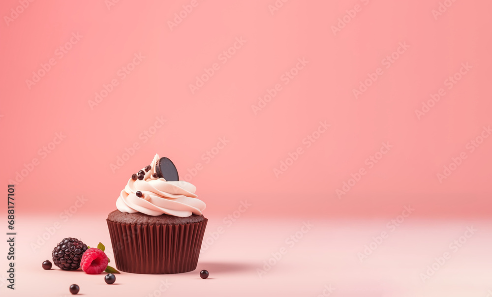 Tasty chocolate cupcake with cream and berries on pink background with space for text, closeup Tasty chocolate cupcake with cream and berries on pink background with space for text, closeup
