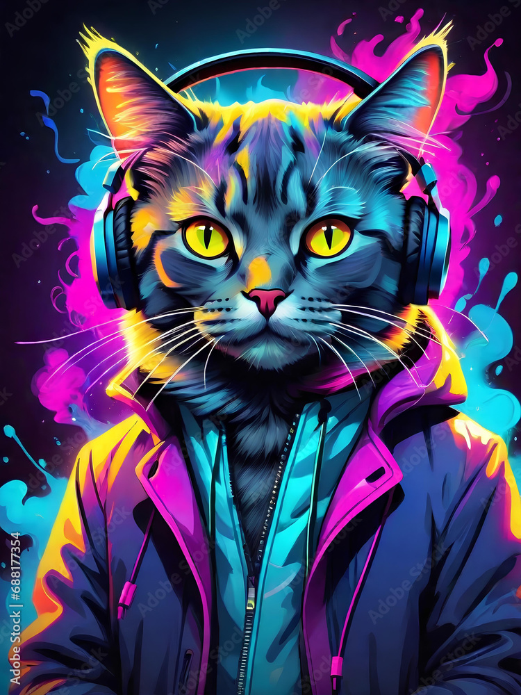 Colorful neon colored cat with headphones on a dark background. Digital art with bright colors.