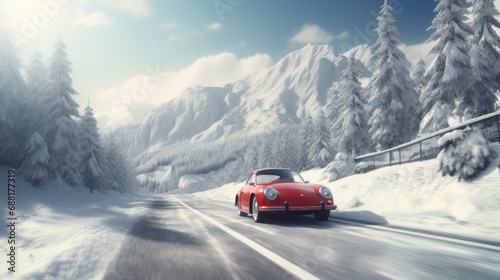 a car speeding along a snow-covered road, surrounded by a breathtaking winter landscape, a sense of movement and adventure with a focus on the snowy mountains and dense forest. © lililia
