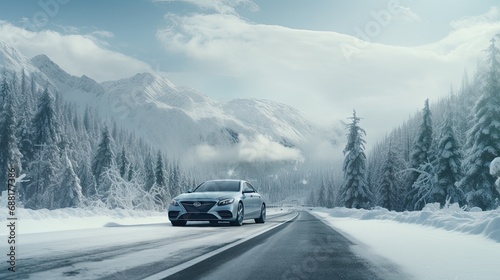 a car speeding along a snow-covered road, surrounded by a breathtaking winter landscape, a sense of movement and adventure with a focus on the snowy mountains and dense forest.