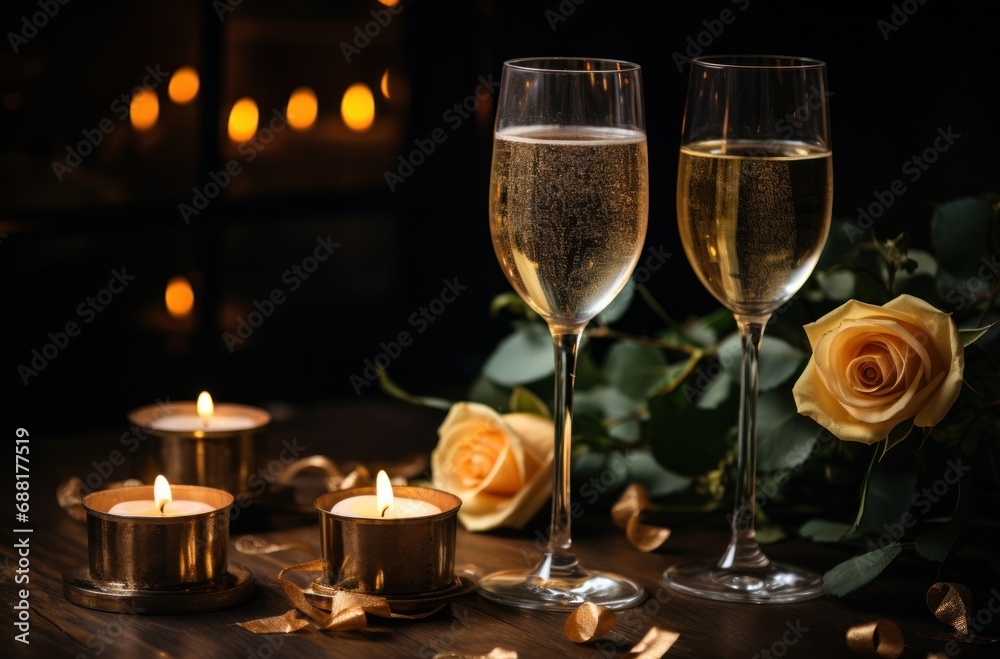 two champagne glasses next to candles and rose,