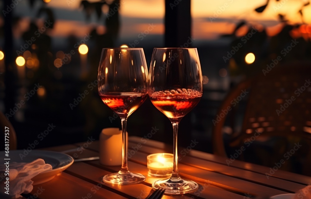 two glasses of champagne at a romantic table with candles and red rose,