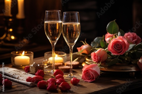 two champagne glasses next to candles and rose, photo