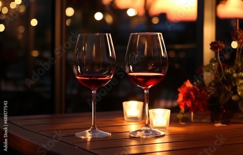 two glasses of champagne at a romantic table with candles and red rose,