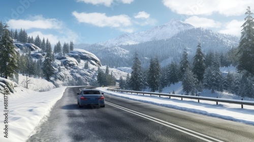 a car speeding along a snow-covered road, surrounded by a breathtaking winter landscape, a sense of movement and adventure with a focus on the snowy mountains and dense forest.