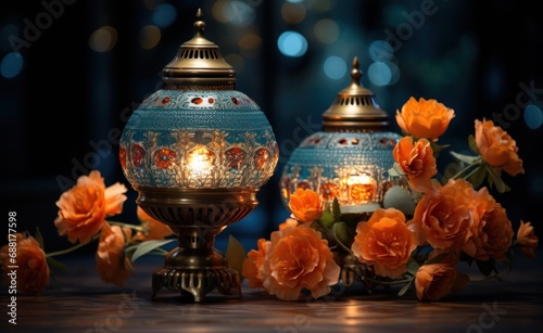 two lamps with flowers around them, and candle light,
