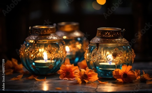 two lamps with flowers around them, and candle light,