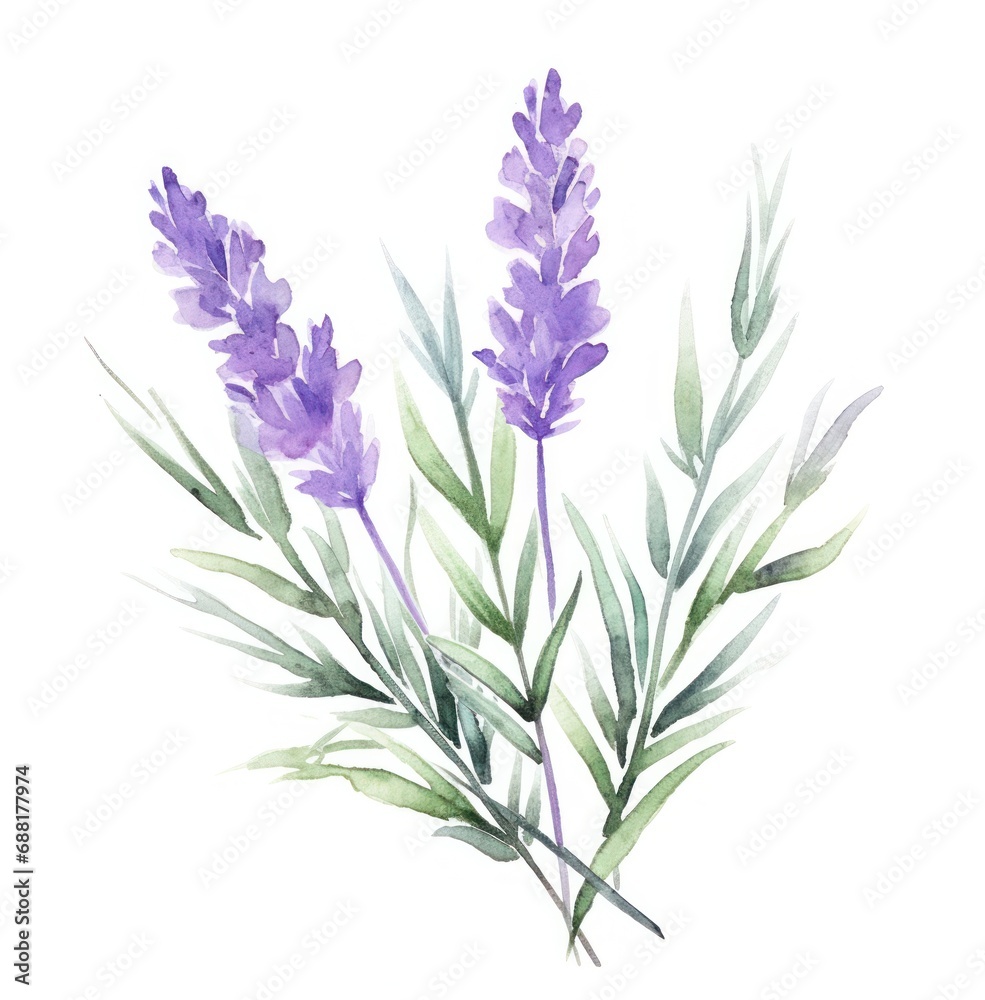 watercolor purple lavender with leaves, isolated watercolor purple lavender with leaves, isolated