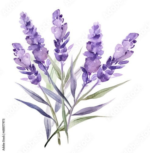 watercolor purple lavender with leaves, isolated