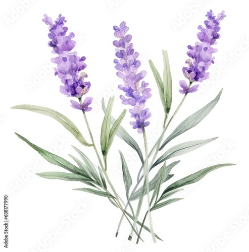 watercolor purple lavender with leaves  isolated